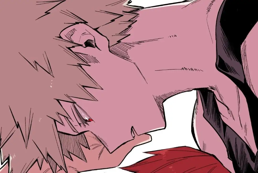 A manga-style close-up shows a pink-haired character with a tear in their eye, looking down at another character with red…