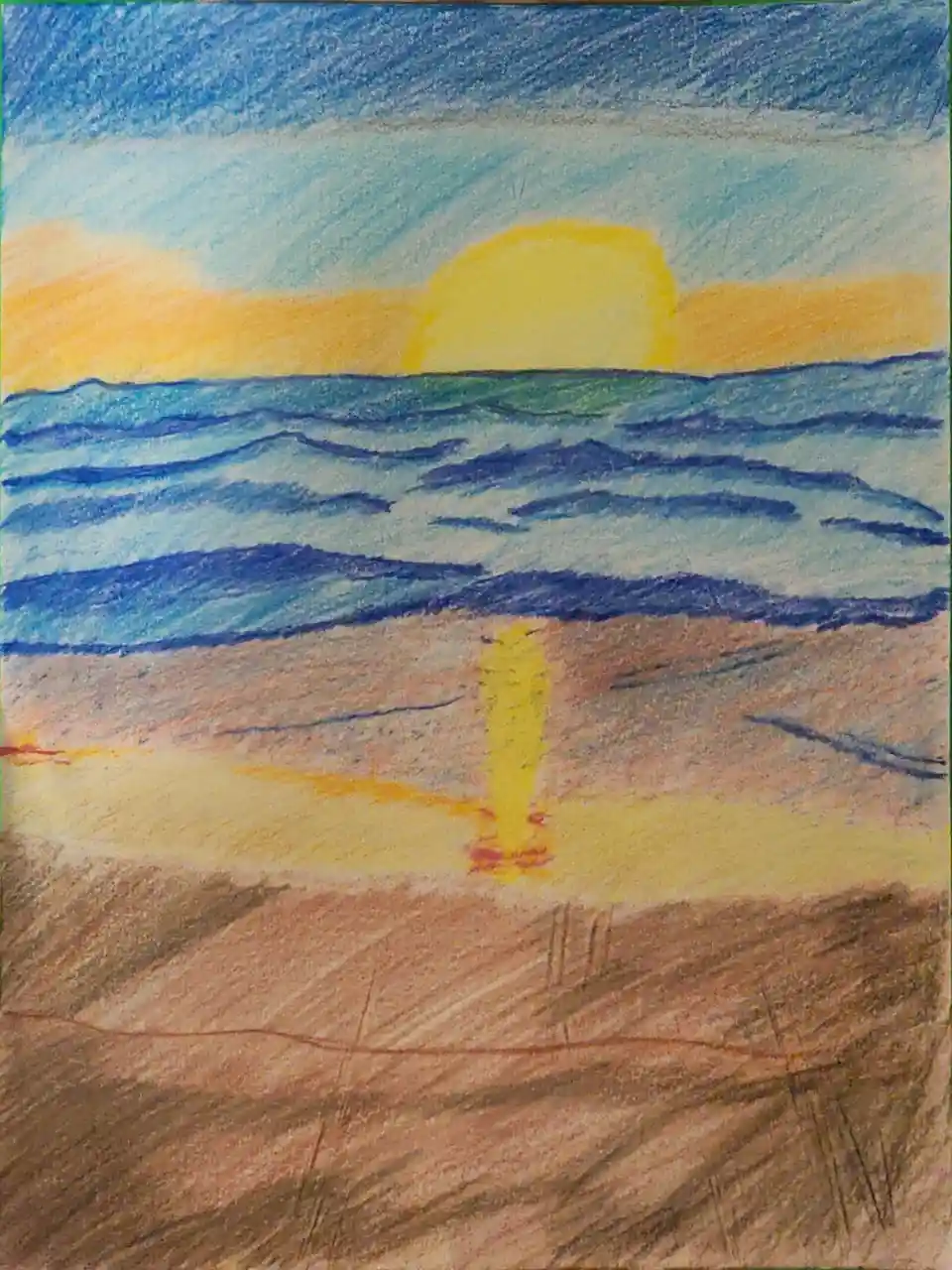 A child's crayon drawing of a sunset over the ocean, with a yellow sun, blue waves, and a sandy beach. The sun's reflection…