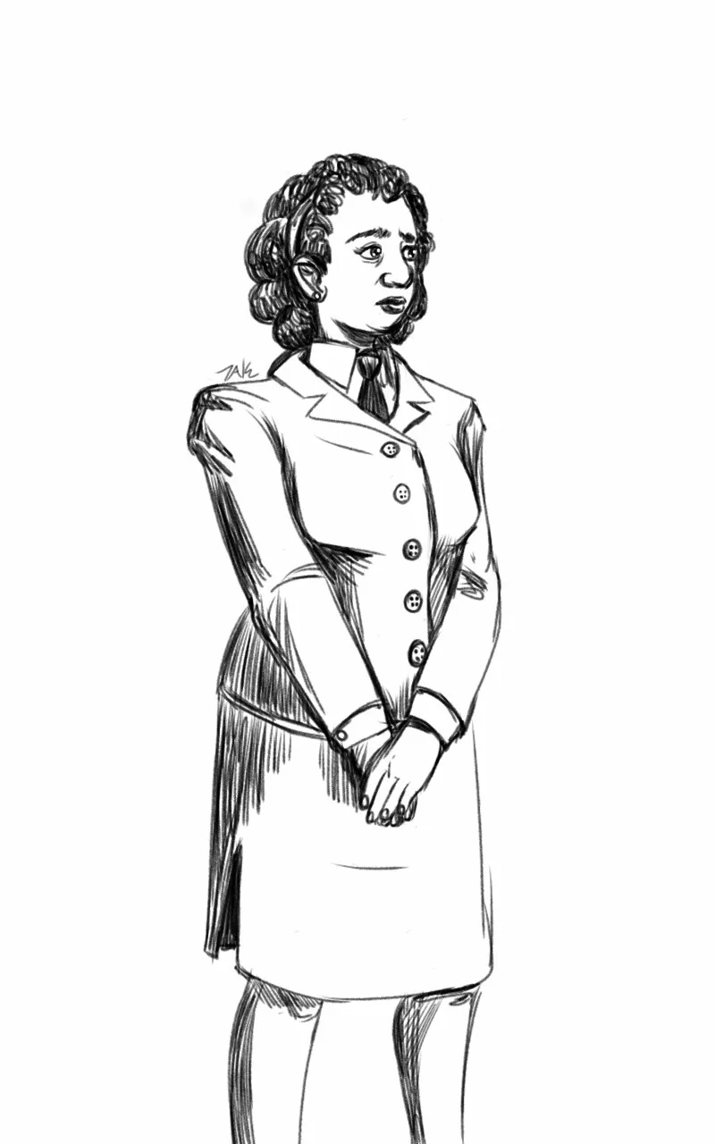 A black-and-white sketch of a woman in a button-up coat and tie, standing with her hands clasped in front of her, looking…