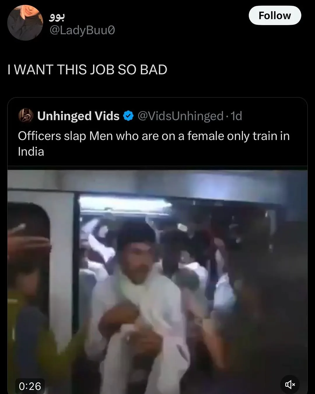 A screenshot of a tweet showing a video clip of a man being slapped by officers on a crowded train. The tweet's caption…
