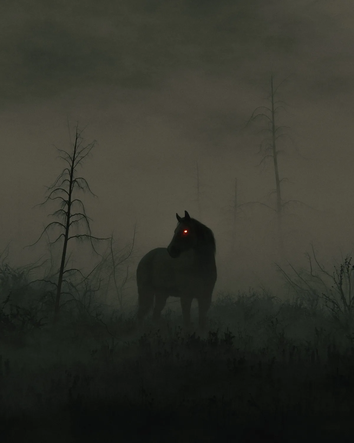 A dark, atmospheric image shows a horse standing in a foggy, eerie field with bare, skeletal trees in the background. The…