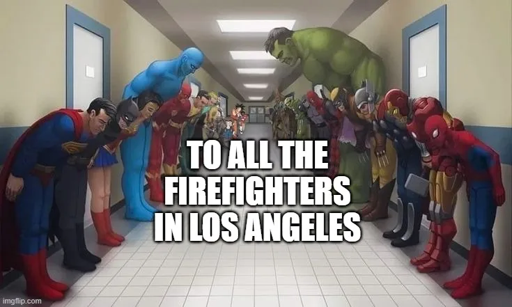 A row of superheroes, including Superman, Batman, The Flash, and The Hulk, are bowing deeply in a school hallway. The…