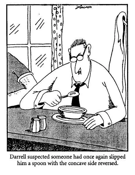 A black-and-white cartoon depicts a man with glasses, wearing a shirt and tie, sitting at a table with a bowl of soup. He…