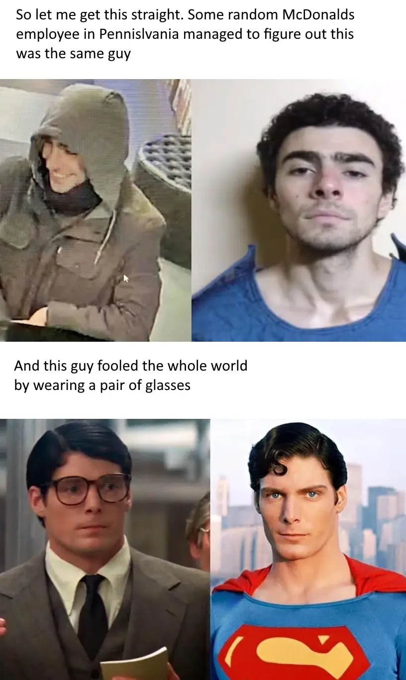 The meme displays two side-by-side images: the top shows a grainy security camera photo of a person in a hooded jacket next…