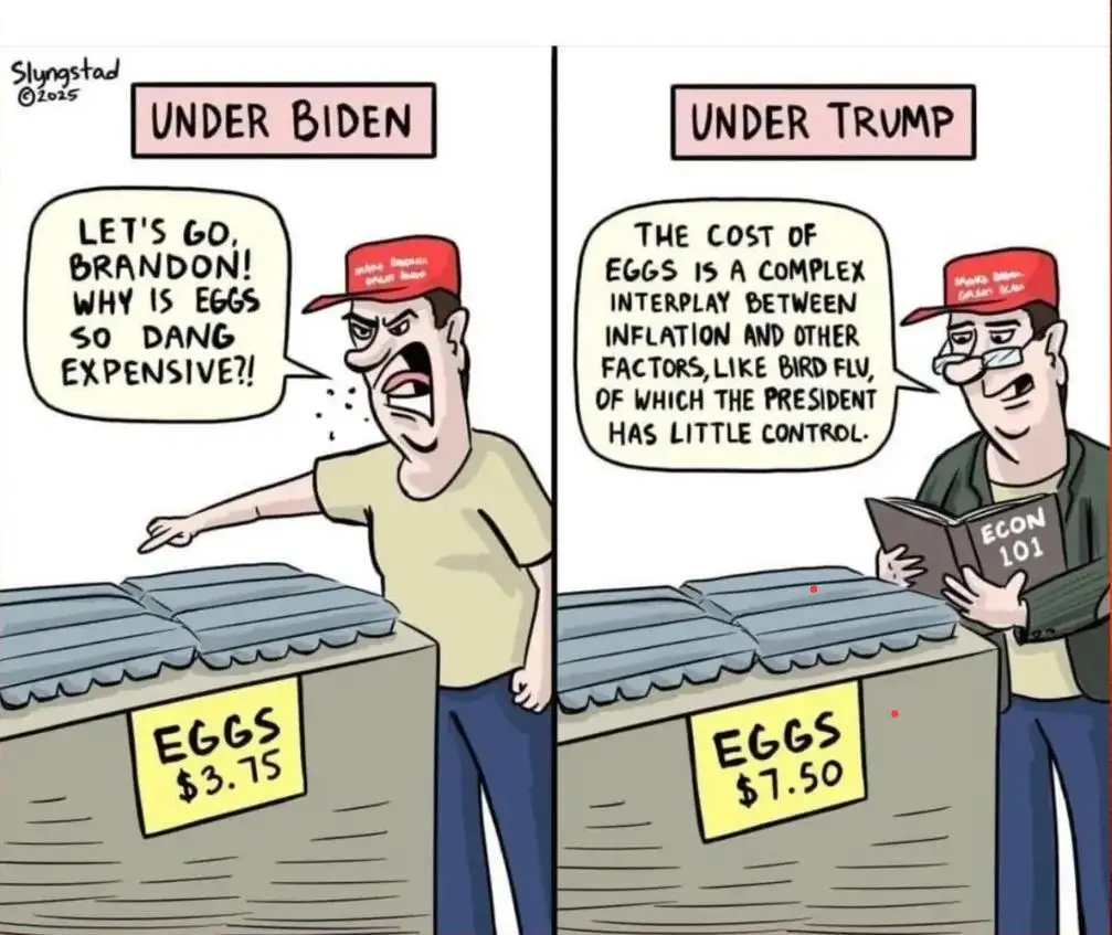 A two-panel comic shows a man in a red MAGA hat reacting to egg prices. In the left panel, labeled 'UNDER BIDEN,' he yells…