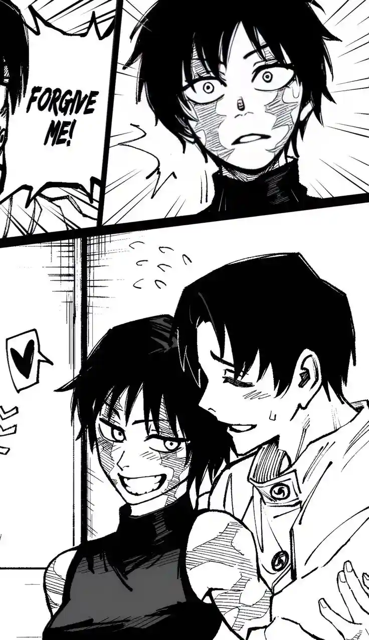 A black-and-white manga panel shows two characters. In the top panel, a character with wide eyes and a tear on their cheek…