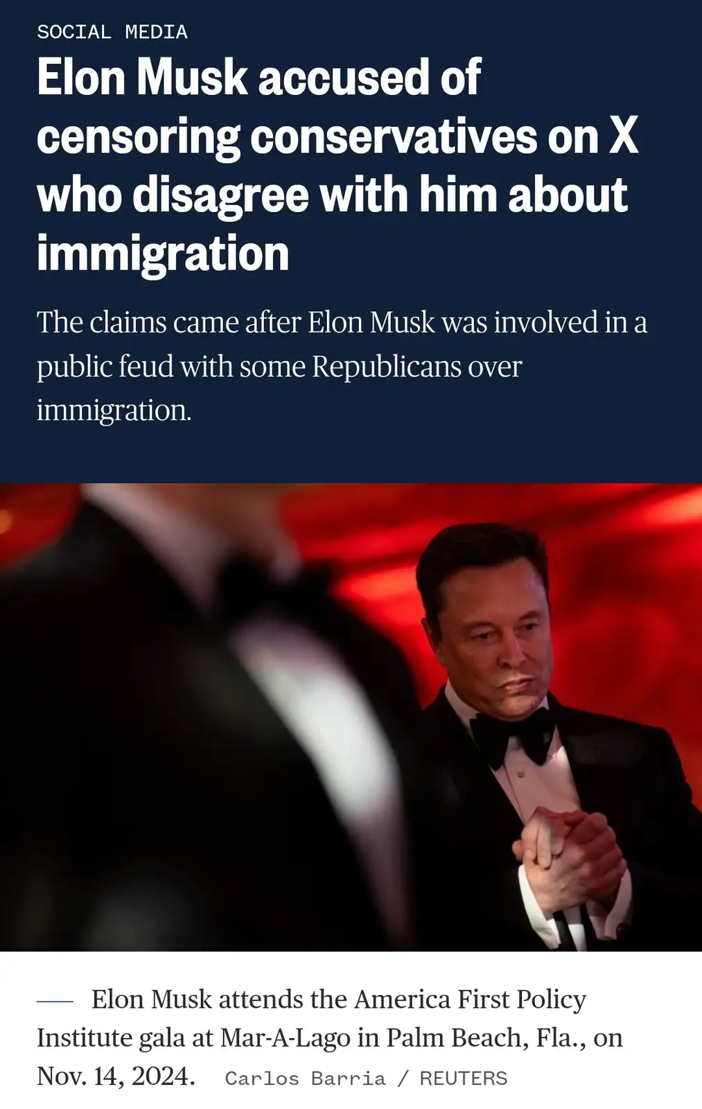 A news article headline reads 'Elon Musk accused of censoring conservatives on X who disagree with him about immigration,'…