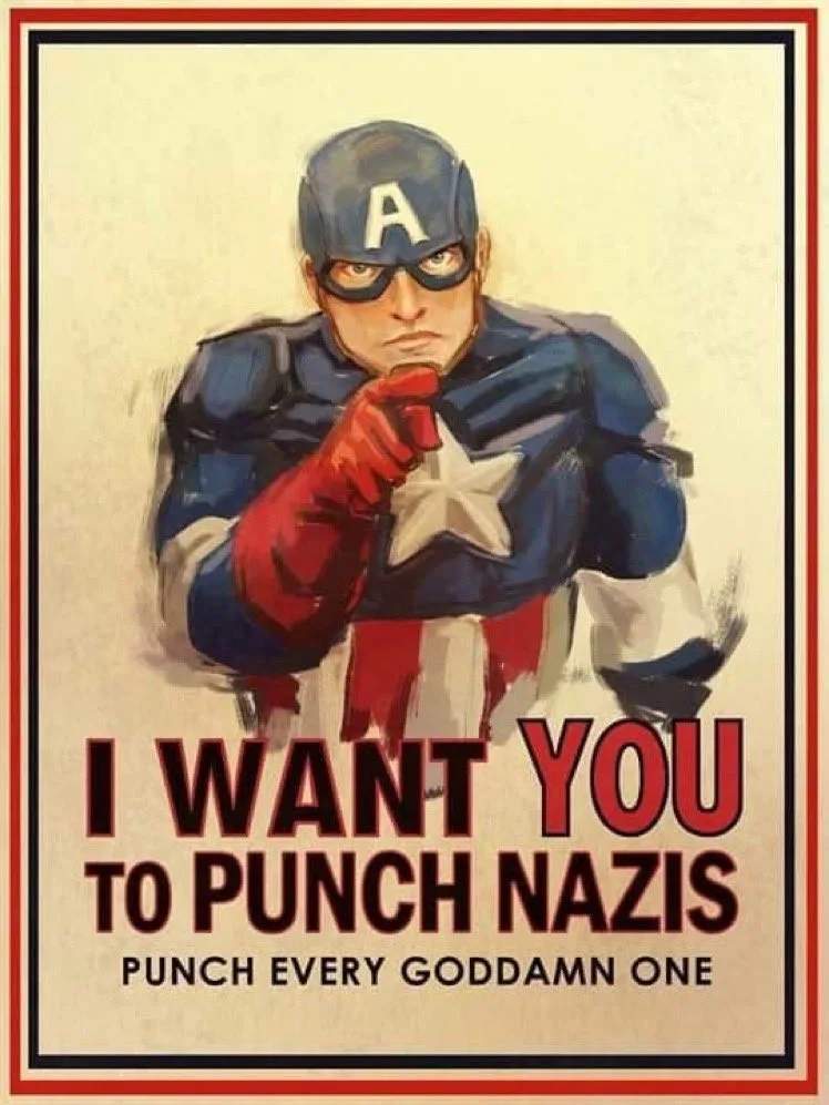 A vintage-style recruitment poster features Captain America in his classic blue, white, and red costume, pointing directly…