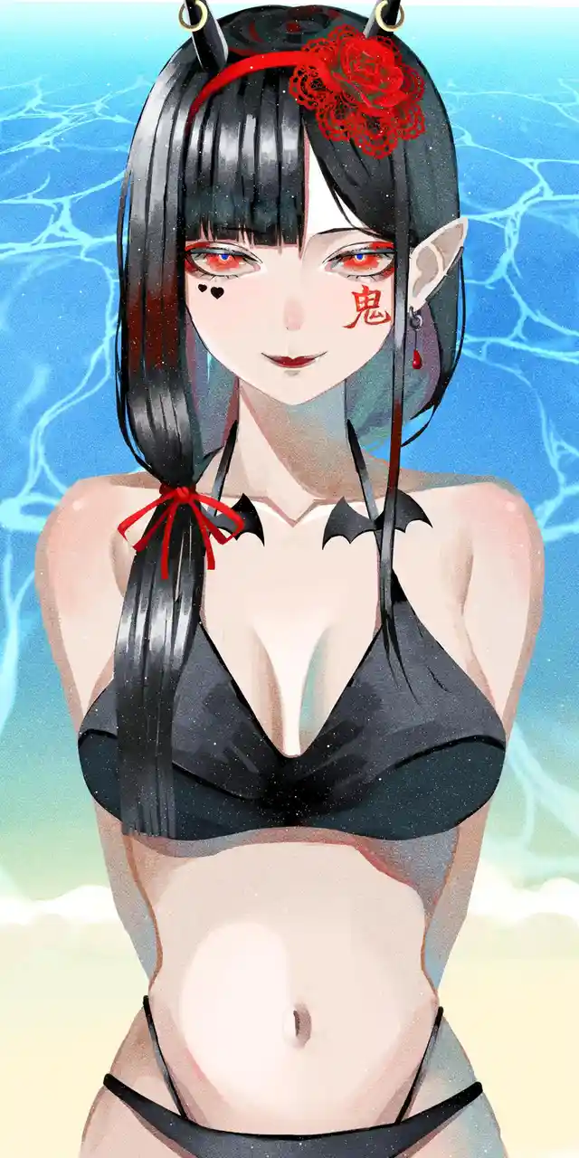 An anime-style illustration of a woman with black hair, red eyes, and devil horns, wearing a black bikini with bat-wing…