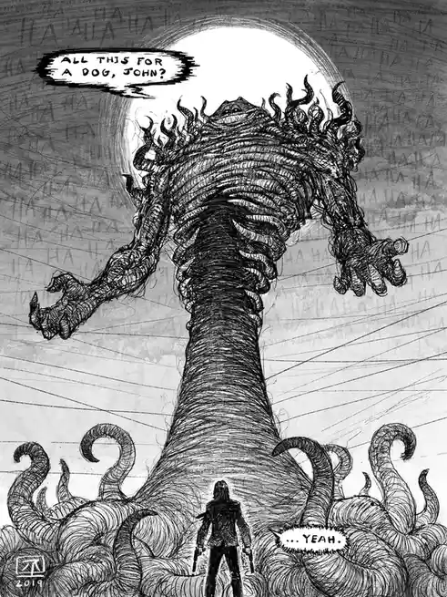 A black-and-white sketch depicts a tiny human figure standing before a colossal, monstrous entity with tentacles and a…