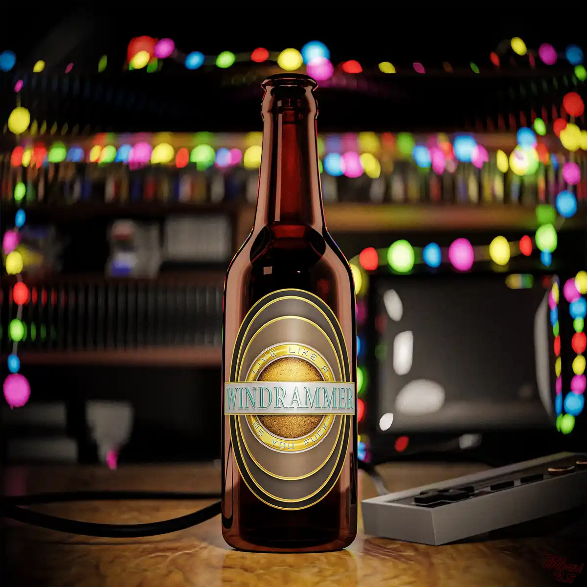 A brown beer bottle with a label reading 'LIVE LIKE A WINDRAMMER AS YOU FUCK' sits on a bar counter next to a vintage game…