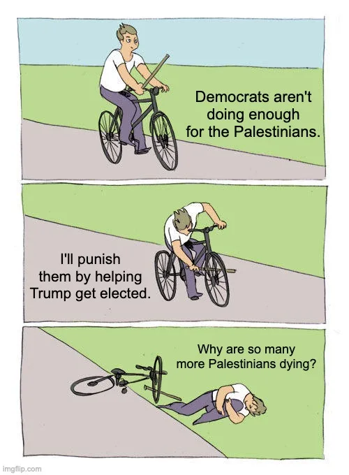A three-panel comic strip shows a man on a bicycle. In the first panel, he thinks 'Democrats aren't doing enough for the…