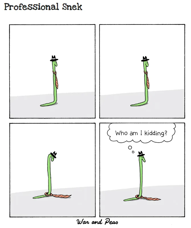 A four-panel comic strip shows a green cartoon snake wearing a black fedora and an orange tie, standing upright. In the…