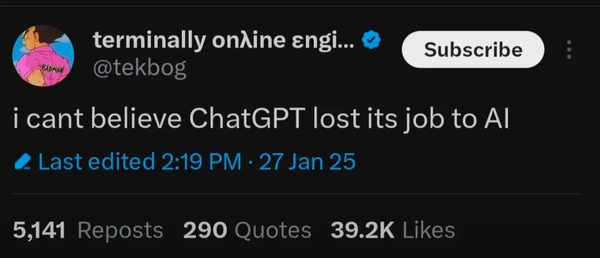 A screenshot of a Twitter post from the verified account @tekblog, showing a tweet that reads 'i cant believe ChatGPT lost…