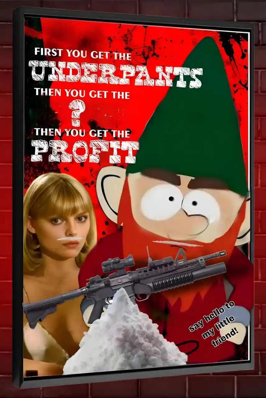 A framed poster parodying a movie poster, featuring a blonde woman, a cartoon elf with a rifle and a pile of white powder…
