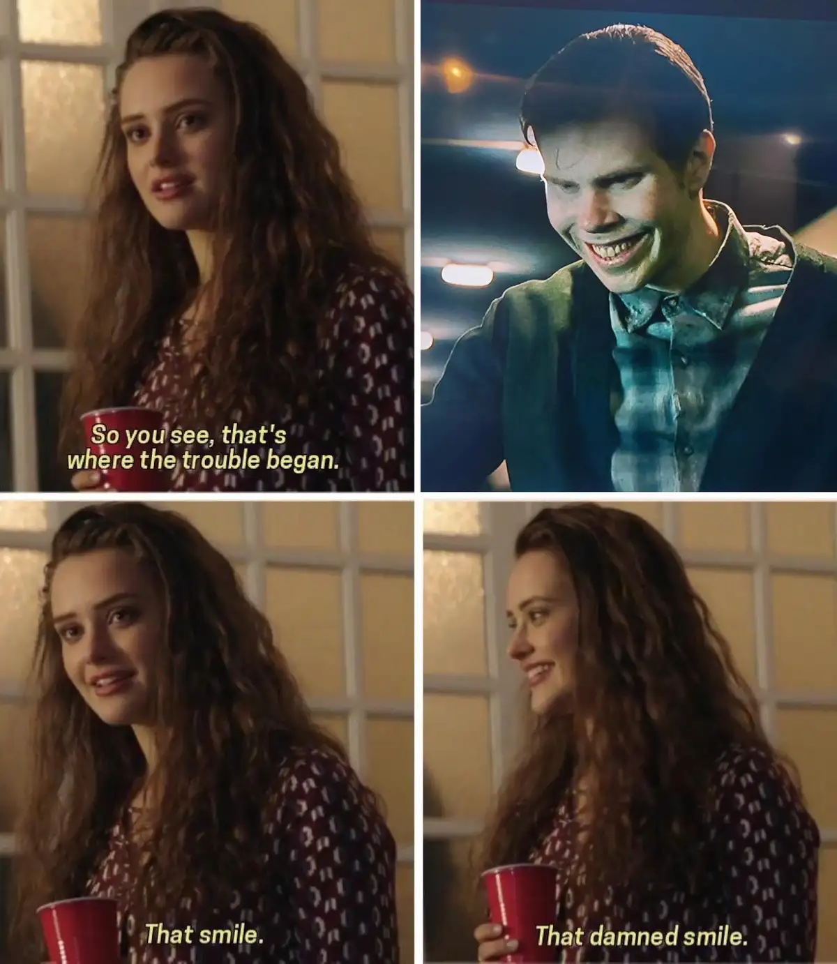 A four-panel meme from the TV show 'The Vampire Diaries' featuring a woman holding a red cup. In the top-left panel, she…