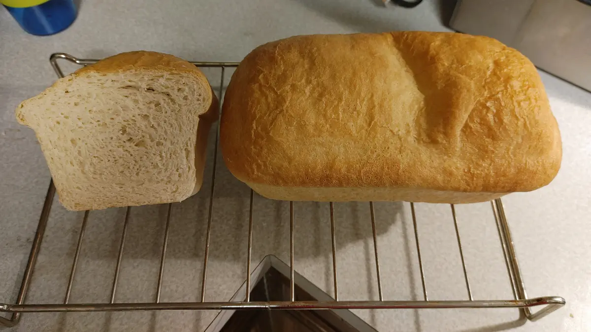 Two loaves of bread sit on a metal cooling rack: one whole, golden-brown loaf and one sliced loaf showing its porous…