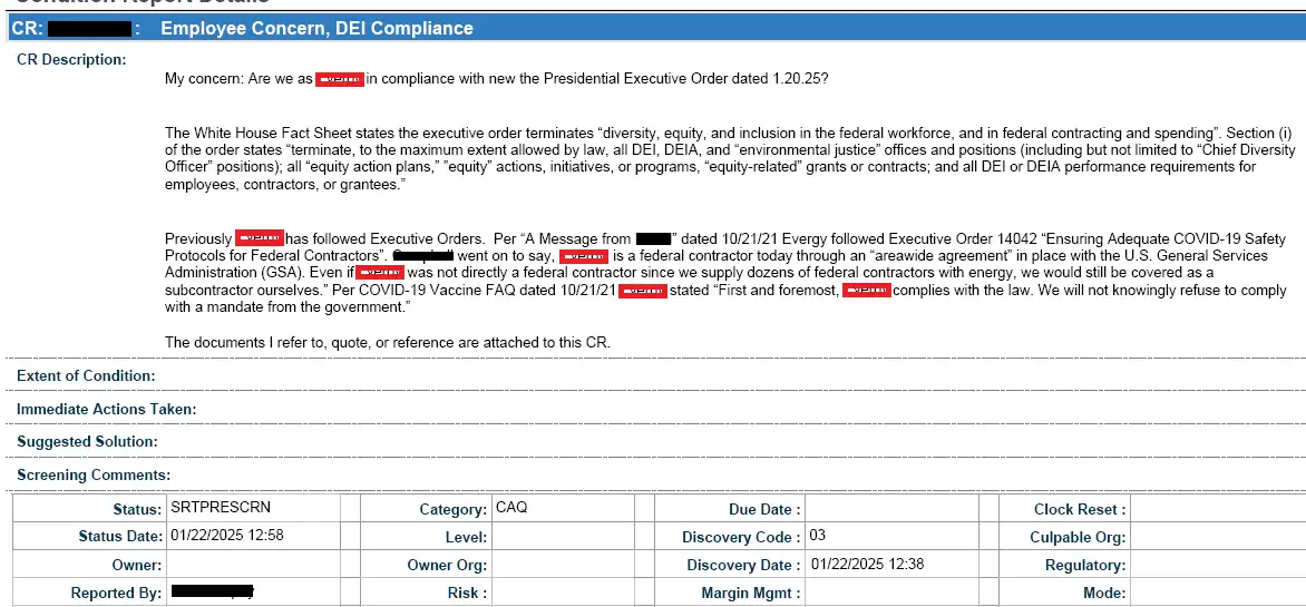 A screenshot of a 'Compliance Report Details' form with redacted company names. The report asks if the company is compliant…