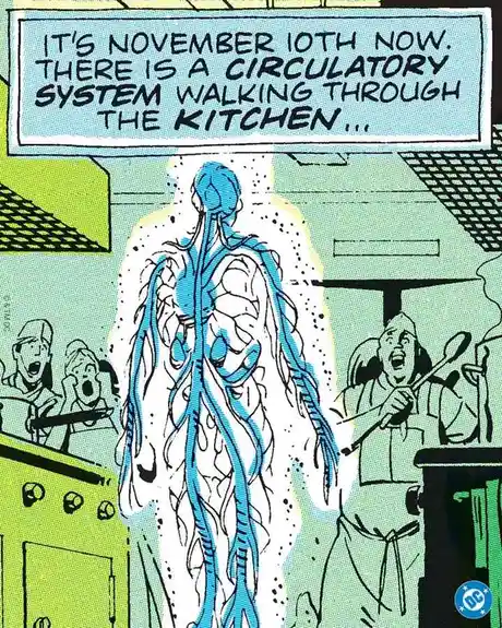 A comic panel shows a translucent human figure with blue circulatory system vessels visible walking through a kitchen. Two…