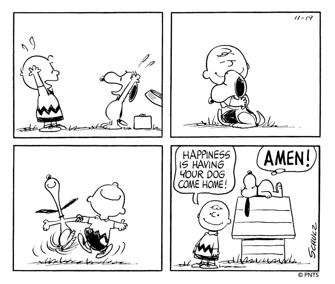 A four-panel Peanuts comic strip shows Charlie Brown and Snoopy. In the first panel, they both jump with joy as Snoopy’s…