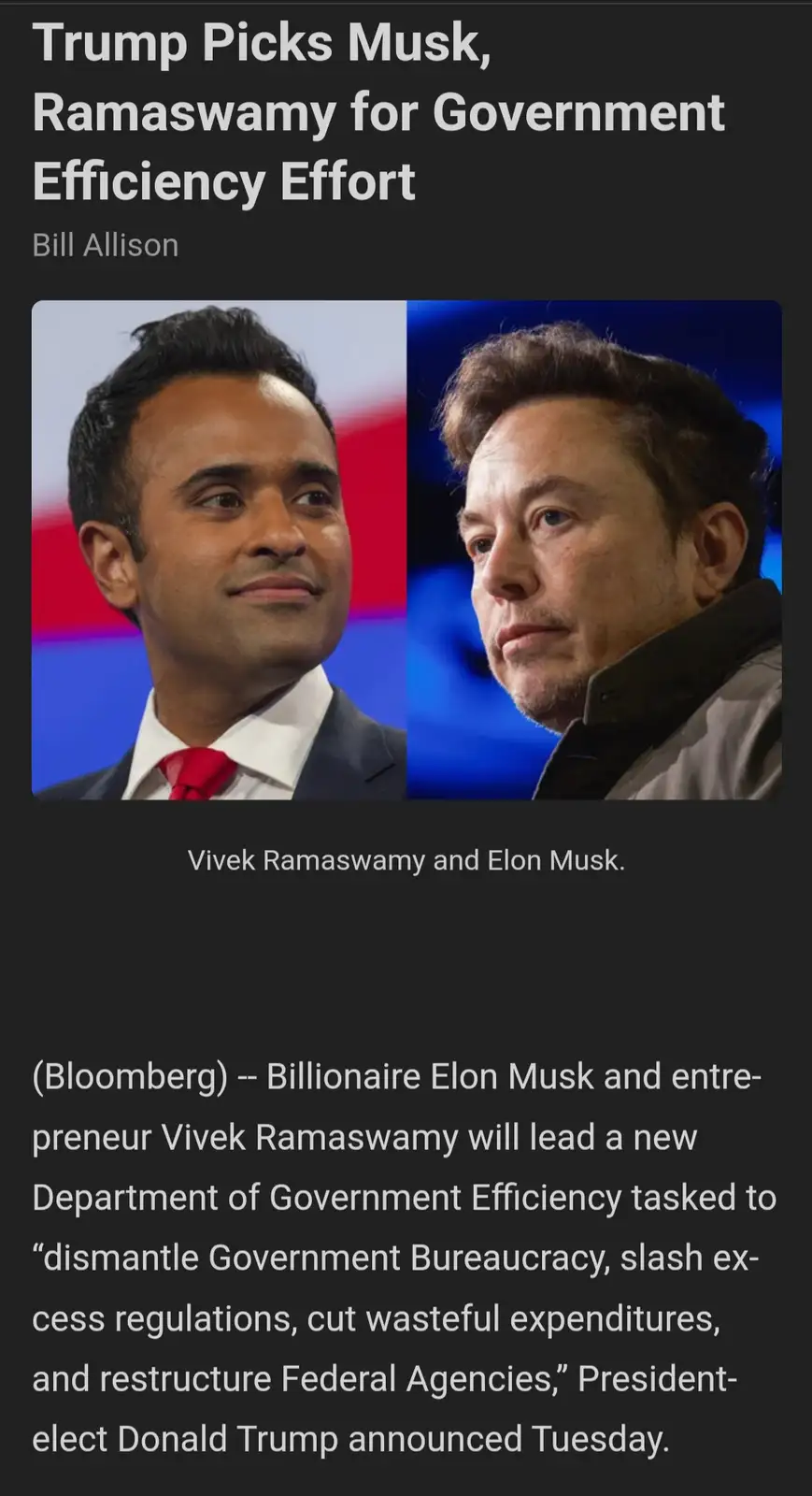 The image displays a news article snippet with a split photo of Vivek Ramaswamy and Elon Musk. The headline reads 'Trump…