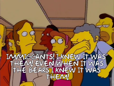 A still from The Simpsons shows a man in a blue shirt and bowtie shouting with increasing intensity across six panels. He is…