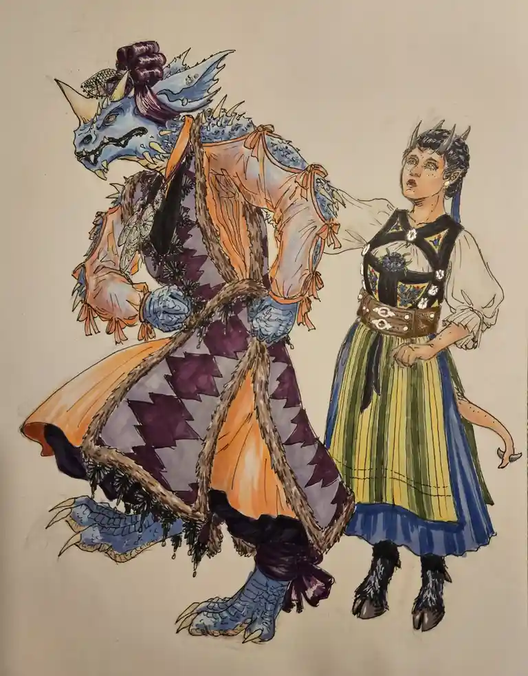 A hand-drawn illustration shows a blue, horned dragon in ornate, colorful clothing standing beside a human-like woman with…