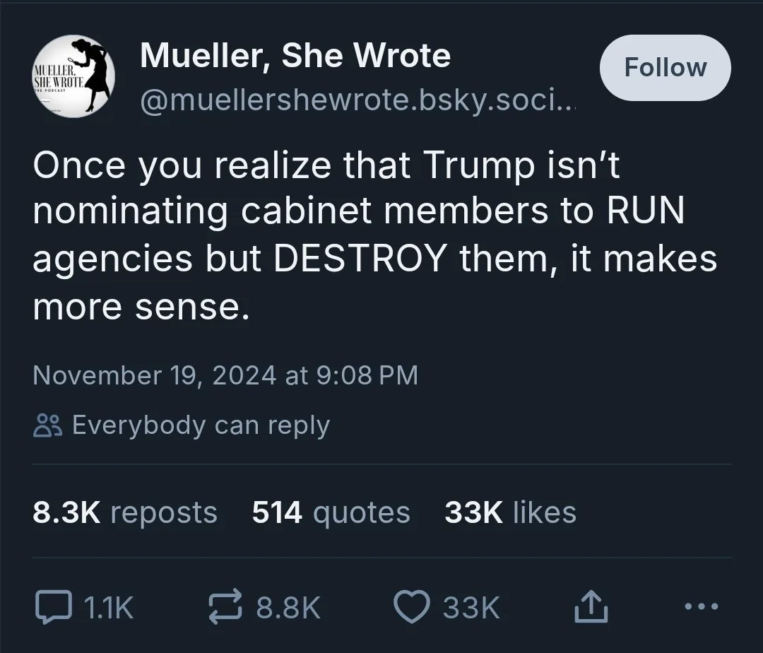 A screenshot of a Bluesky social media post by 'Mueller, She Wrote' with a dark background and white text. The post reads…