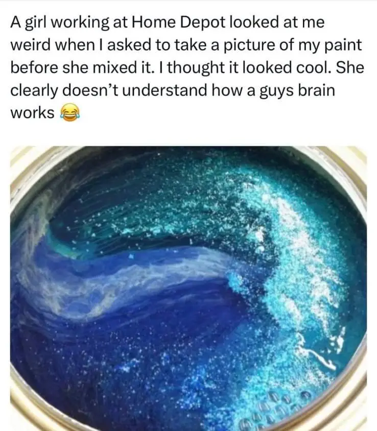A top-down photo of a paint can containing swirling blue and teal paint with glitter, overlaid with text describing a man's…