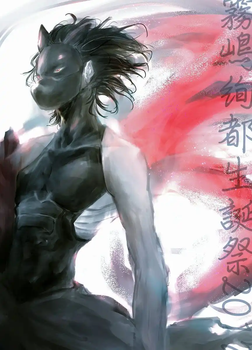 An anime-style illustration of a muscular, masked humanoid with cat-like ears and red eyes, standing against a swirling red…