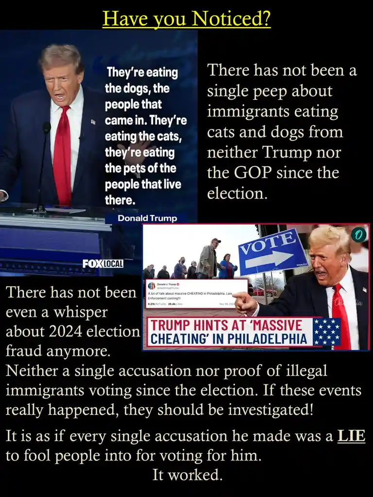 The image is a meme collage featuring Donald Trump speaking at a podium with overlaid text quoting him about immigrants…