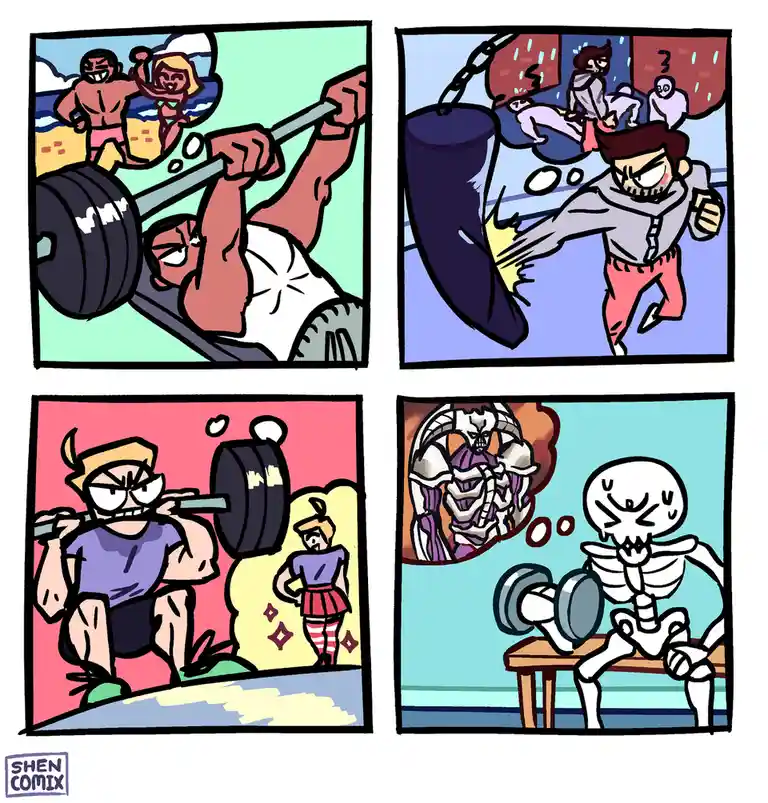 A four-panel comic shows a man lifting weights with a beach scene in his thought bubble, then punching a heavy bag with a…