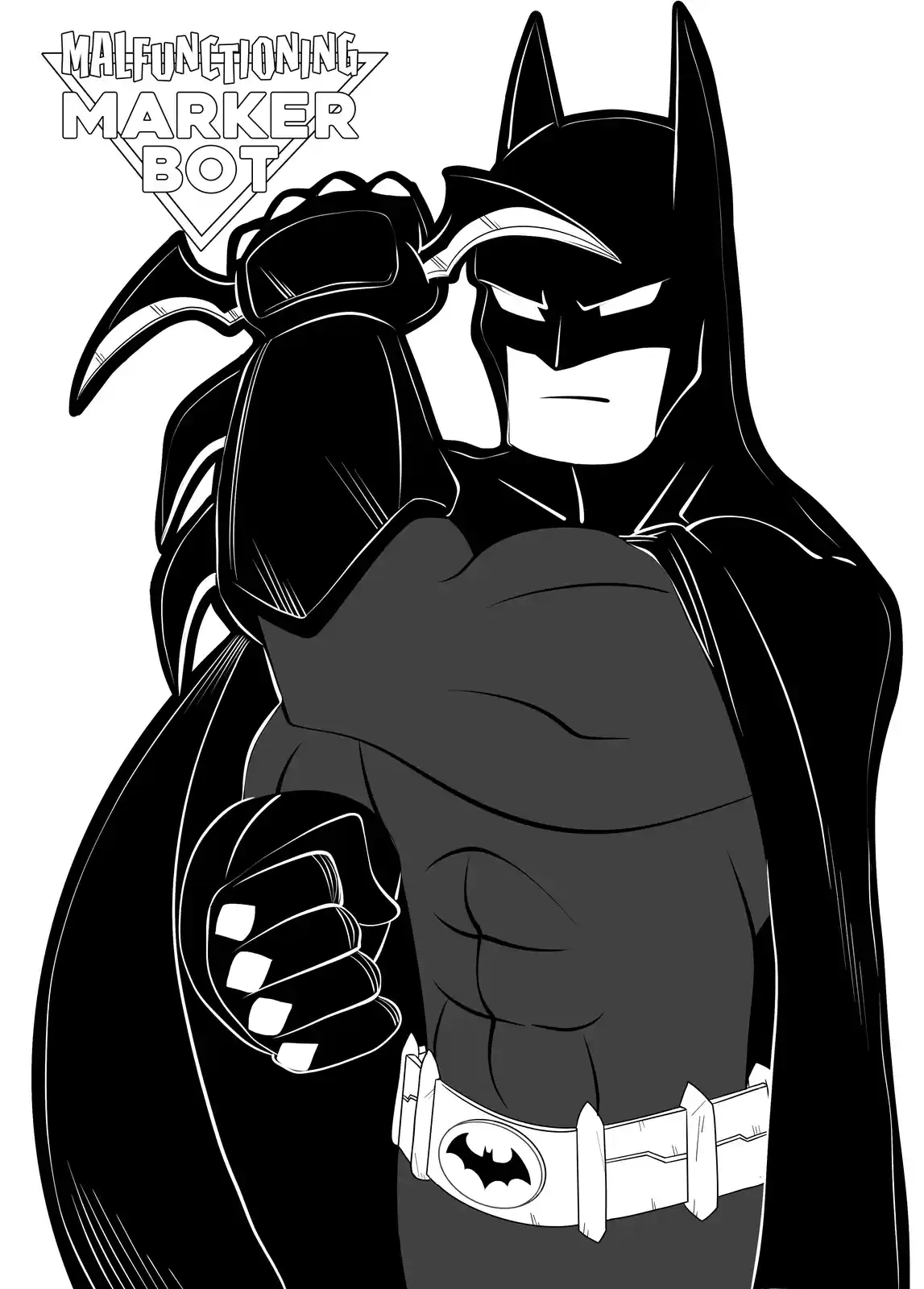 A black-and-white line art illustration of Batman in his classic costume, featuring his cowl, cape, and utility belt with…