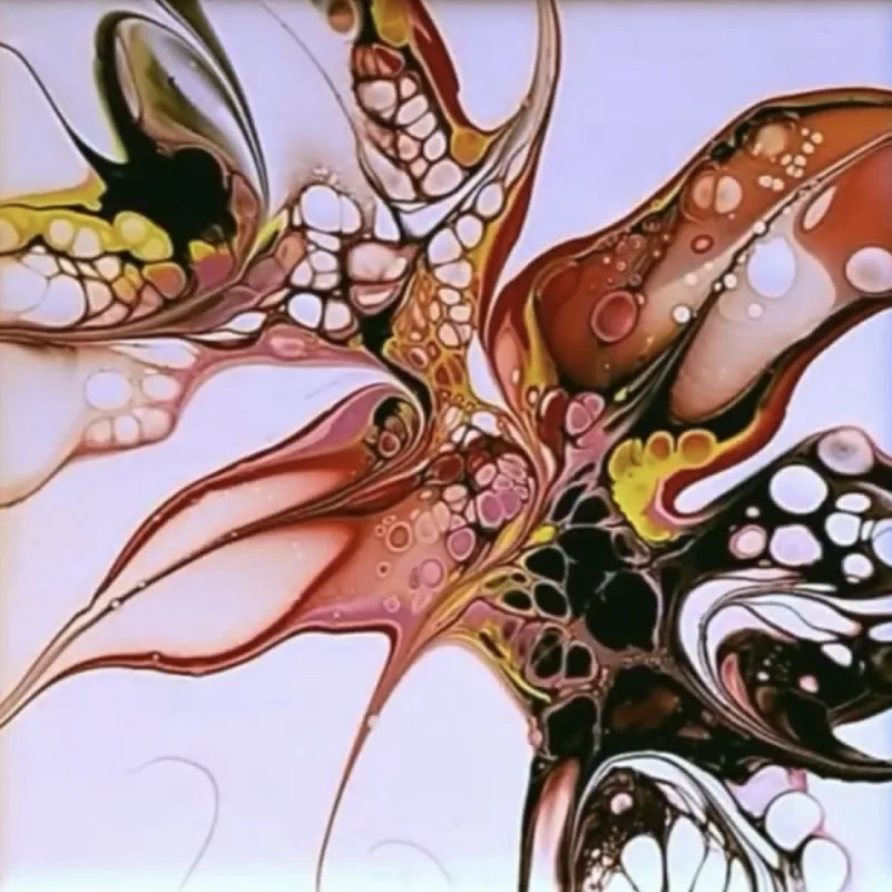 An abstract painting featuring swirling, organic shapes in shades of brown, black, yellow, and white, resembling fluid or…