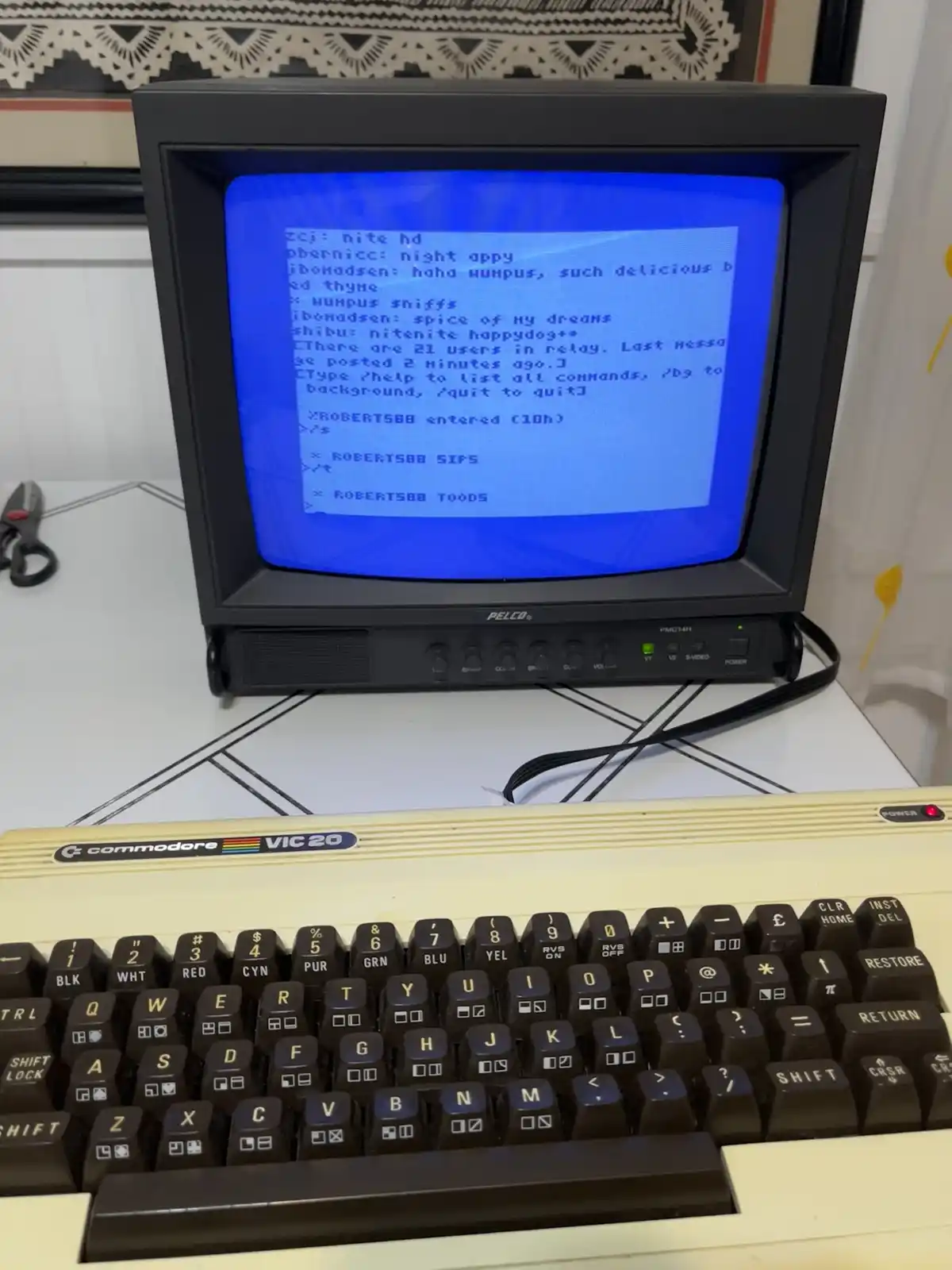 A vintage Commodore VIC-20 computer with a beige keyboard and black keys is shown, connected to a small black CRT monitor…
