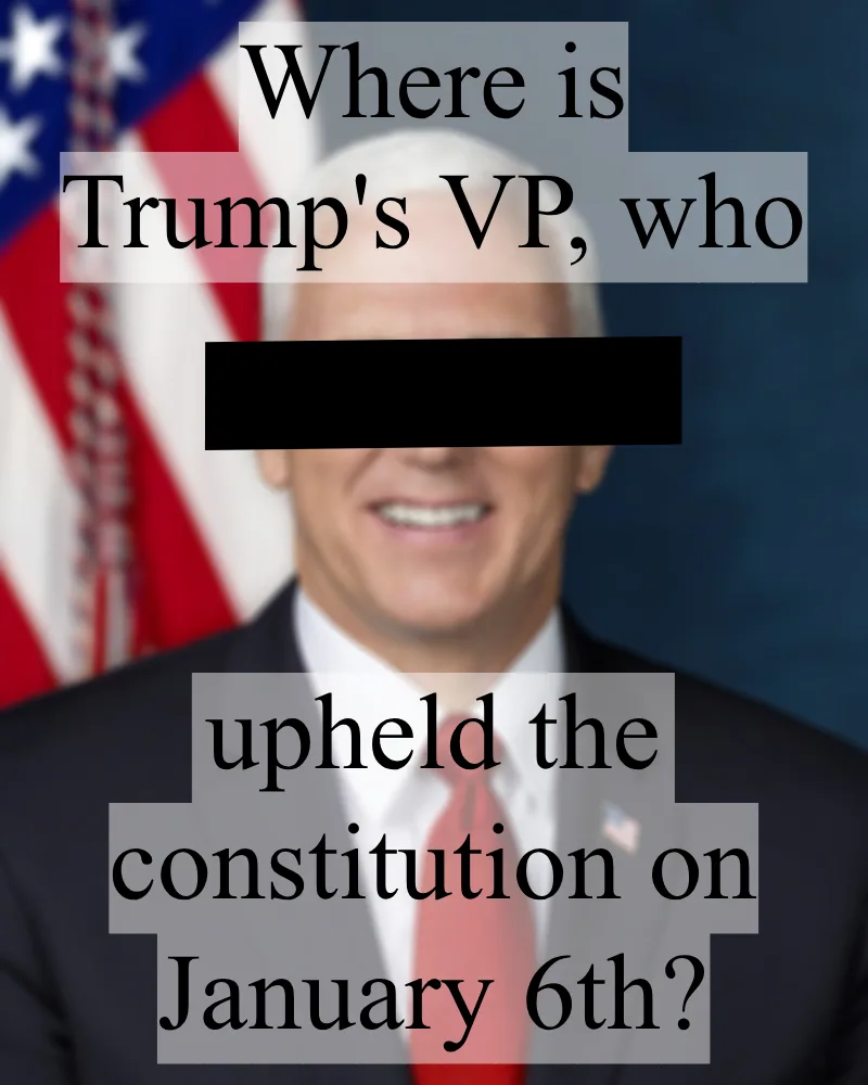 A blurred official portrait of Mike Pence, with an American flag visible in the background, overlaid with text asking where…