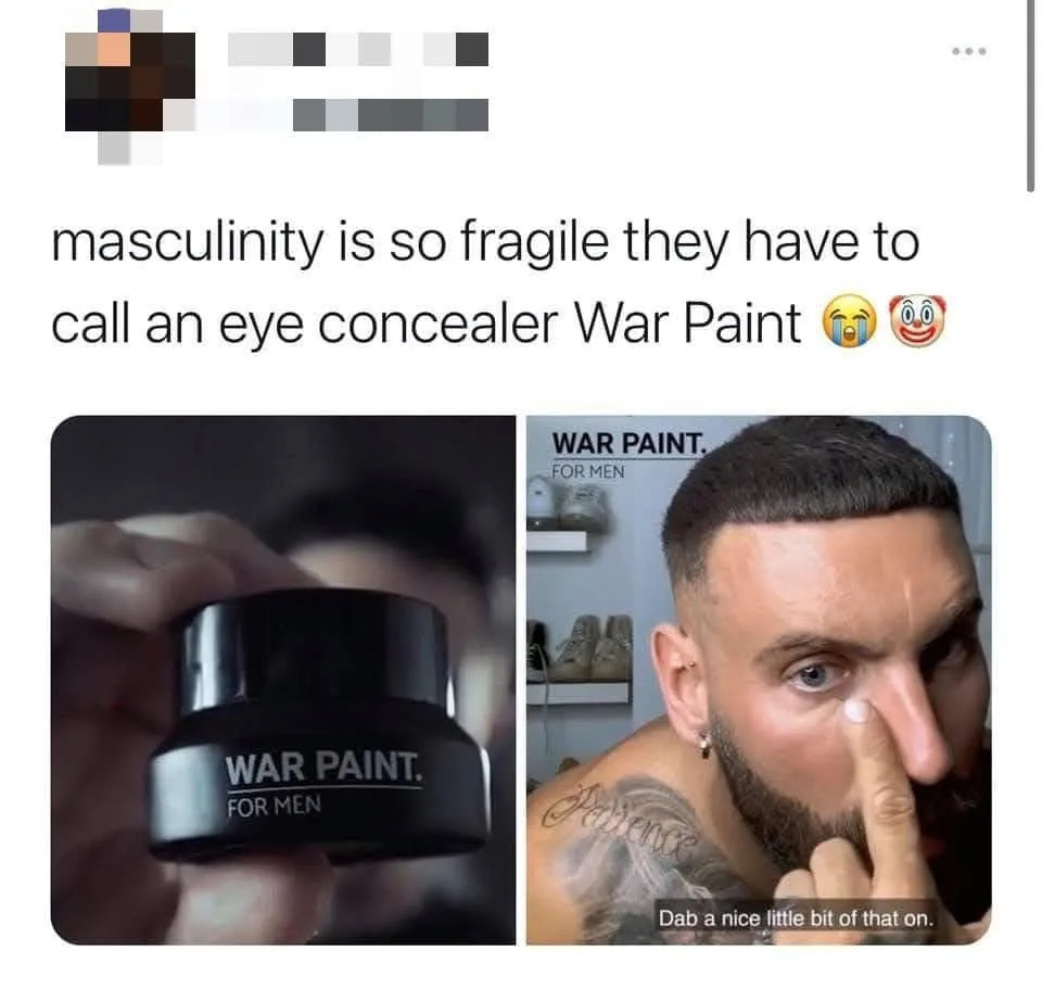 The image shows a split-screen: on the left, a hand holds a black jar labeled 'WAR PAINT. FOR MEN'; on the right, a man with…