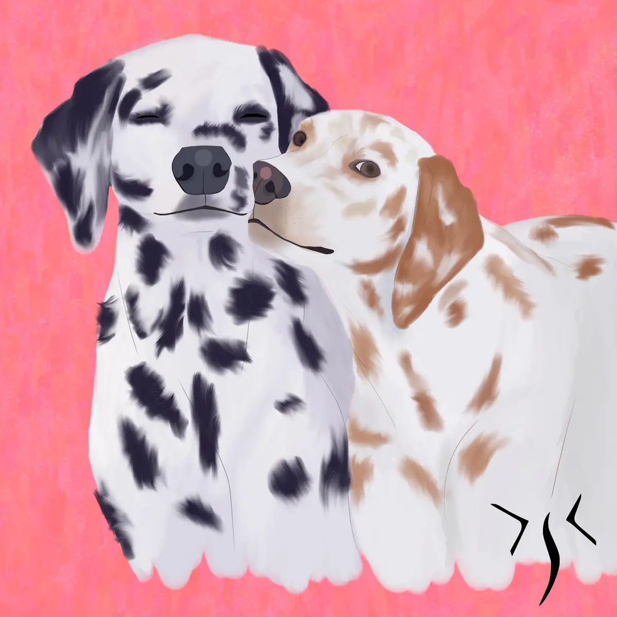 An illustration shows two dogs against a pink background: a Dalmatian with closed eyes and a drawn-on mustache, and a white…