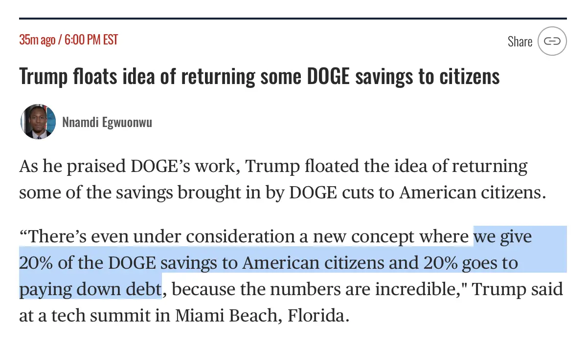 A screenshot of a news article snippet with a headline reading 'Trump floats idea of returning some DOGE savings to…