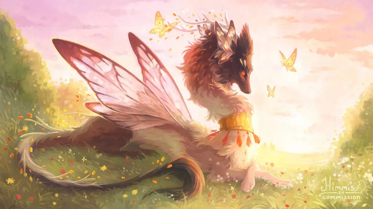A fluffy, fox-like creature with large, translucent pink wings and butterfly-like antennae sits in a sunlit meadow…