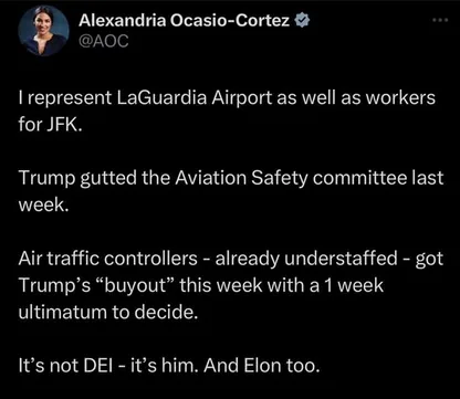 A screenshot of a tweet from Alexandria Ocasio-Cortez's verified Twitter account, showing her text message about Trump…
