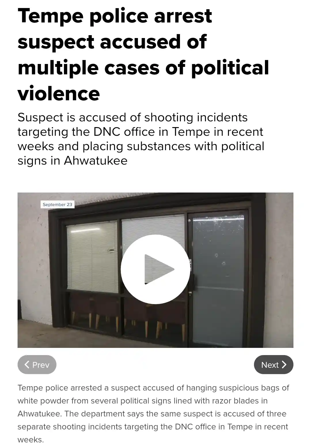 A screenshot of a news article shows a video thumbnail of a glass door with bullet holes, overlaid with the headline 'Tempe…