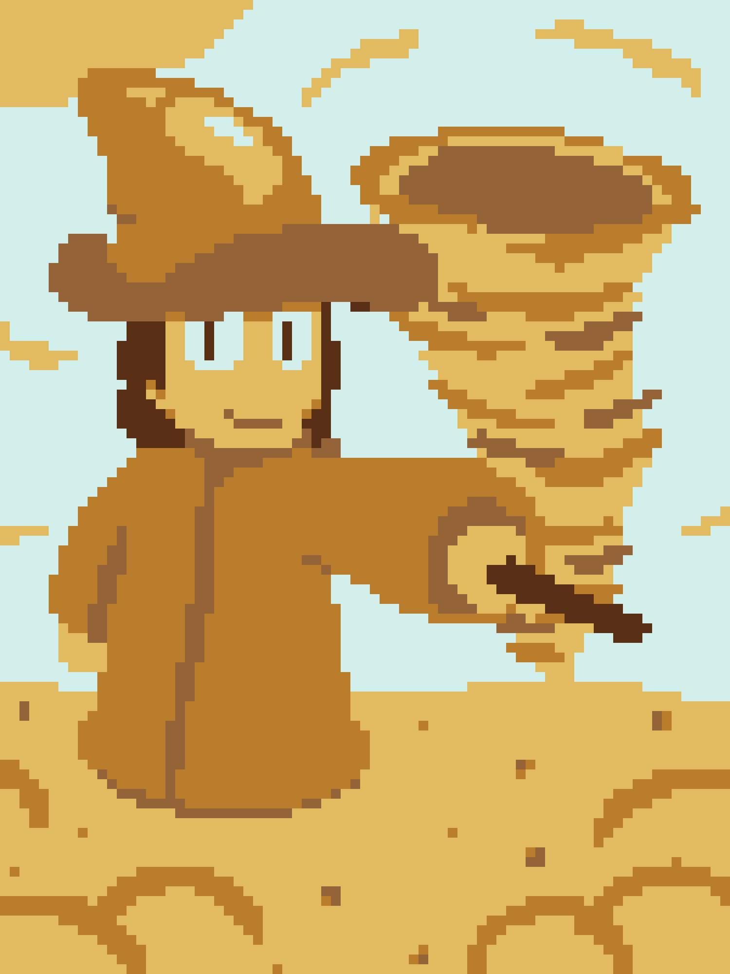 A pixelated, low-resolution image shows a character with brown hair and a brown outfit standing in a sandy environment with…