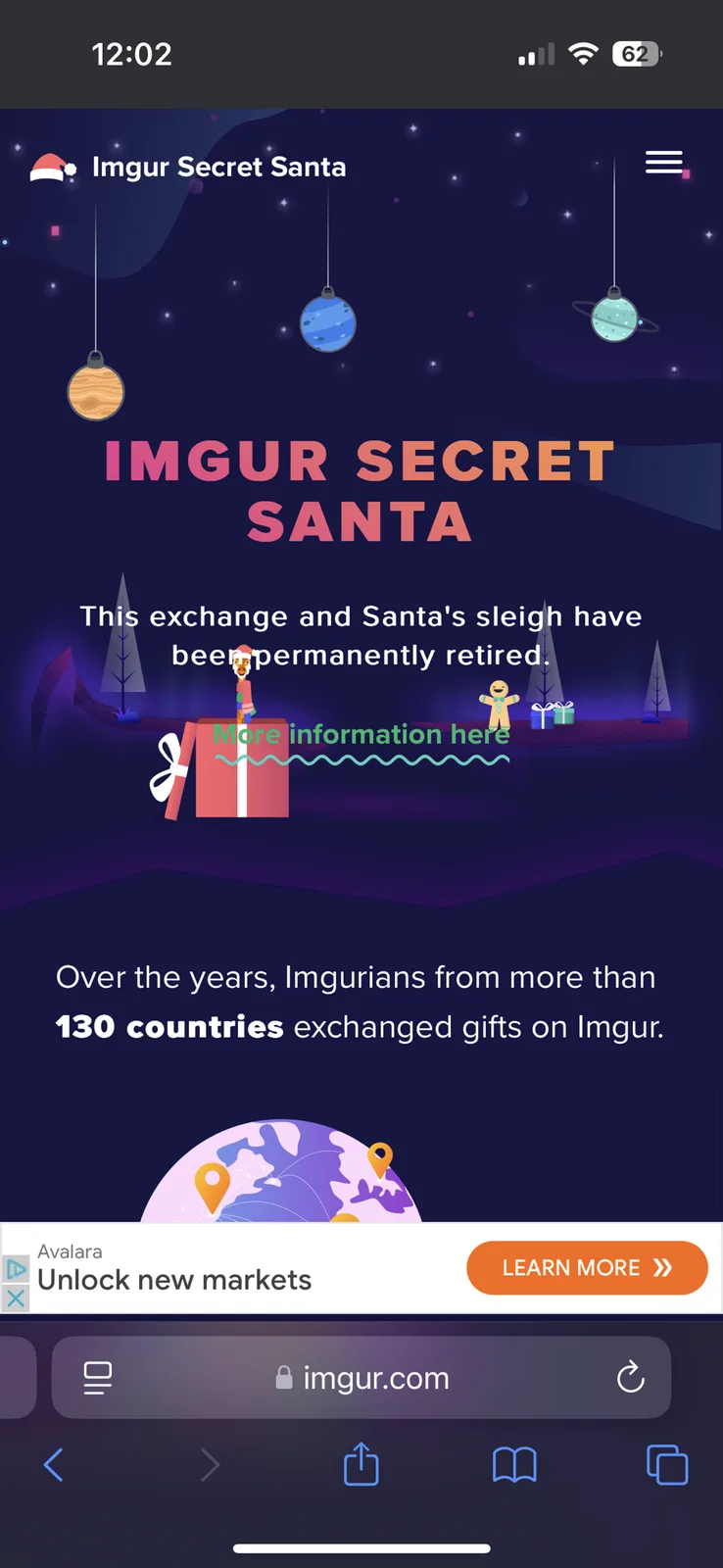 A screenshot of the Imgur Secret Santa webpage shows a festive, dark-themed interface with hanging ornaments and cartoon…