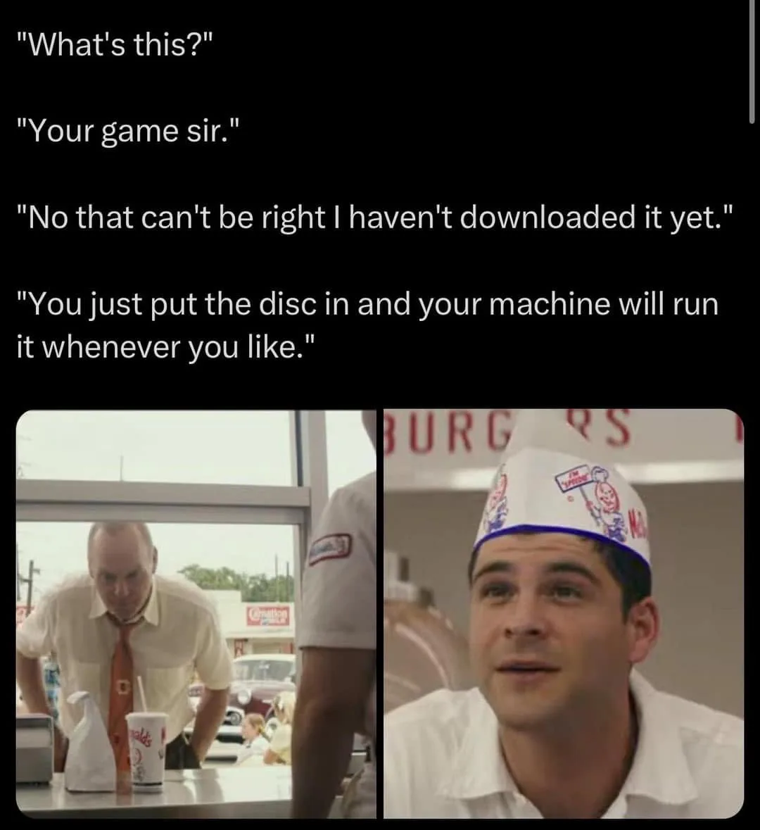 The image is split into two panels. The left panel shows a man in a McDonald's uniform leaning over a counter, looking down…