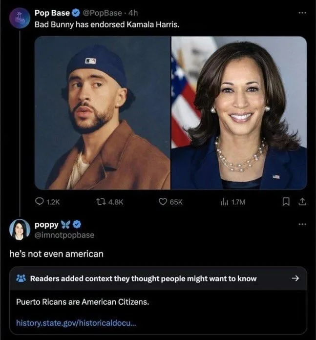 A screenshot of a Twitter post by @PopBase showing a side-by-side image of musician Bad Bunny and politician Kamala Harris…