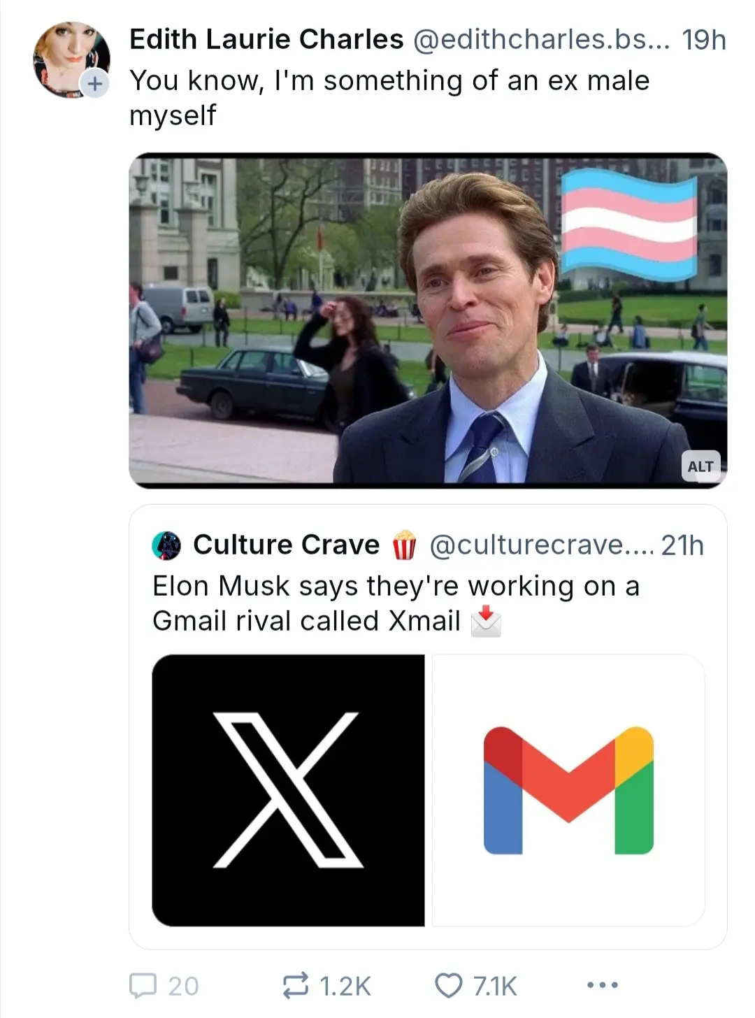 A screenshot of a tweet by Edith Laurie Charles that says 'You know, I'm something of an ex male myself' is overlaid on a…