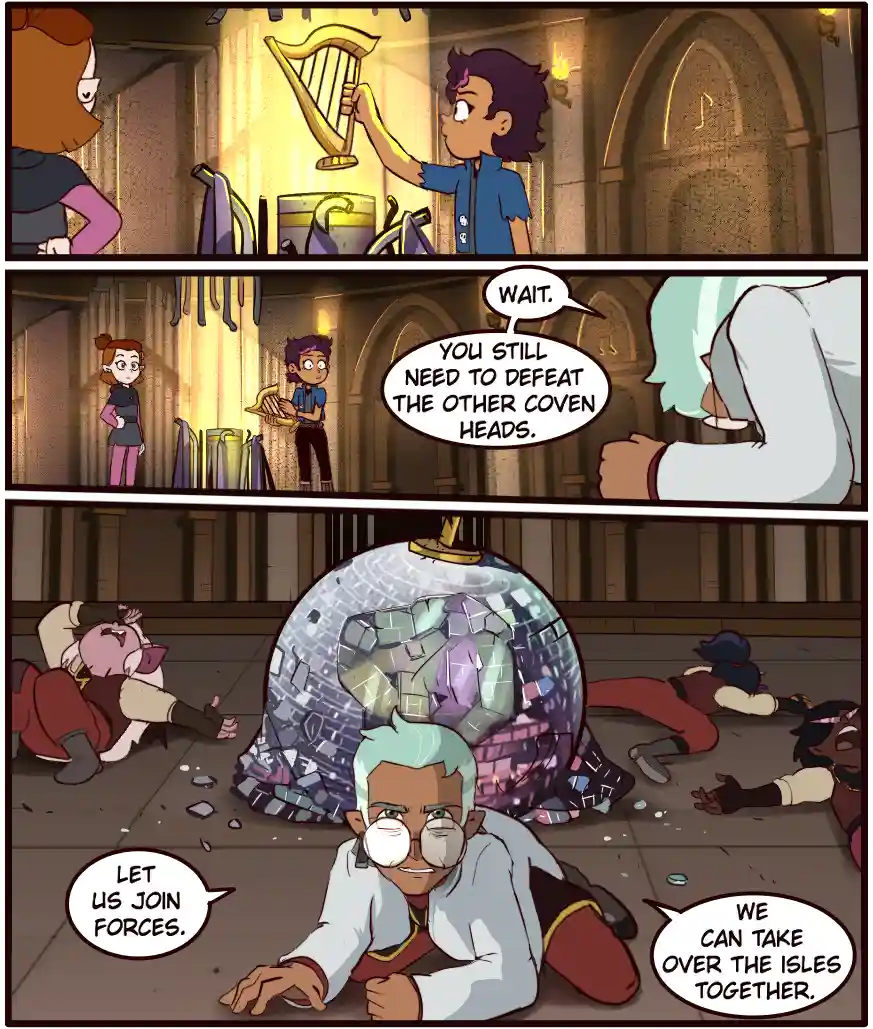 A three-panel comic strip from 'The Owl House' shows a character holding a harp, then being interrupted by another character…