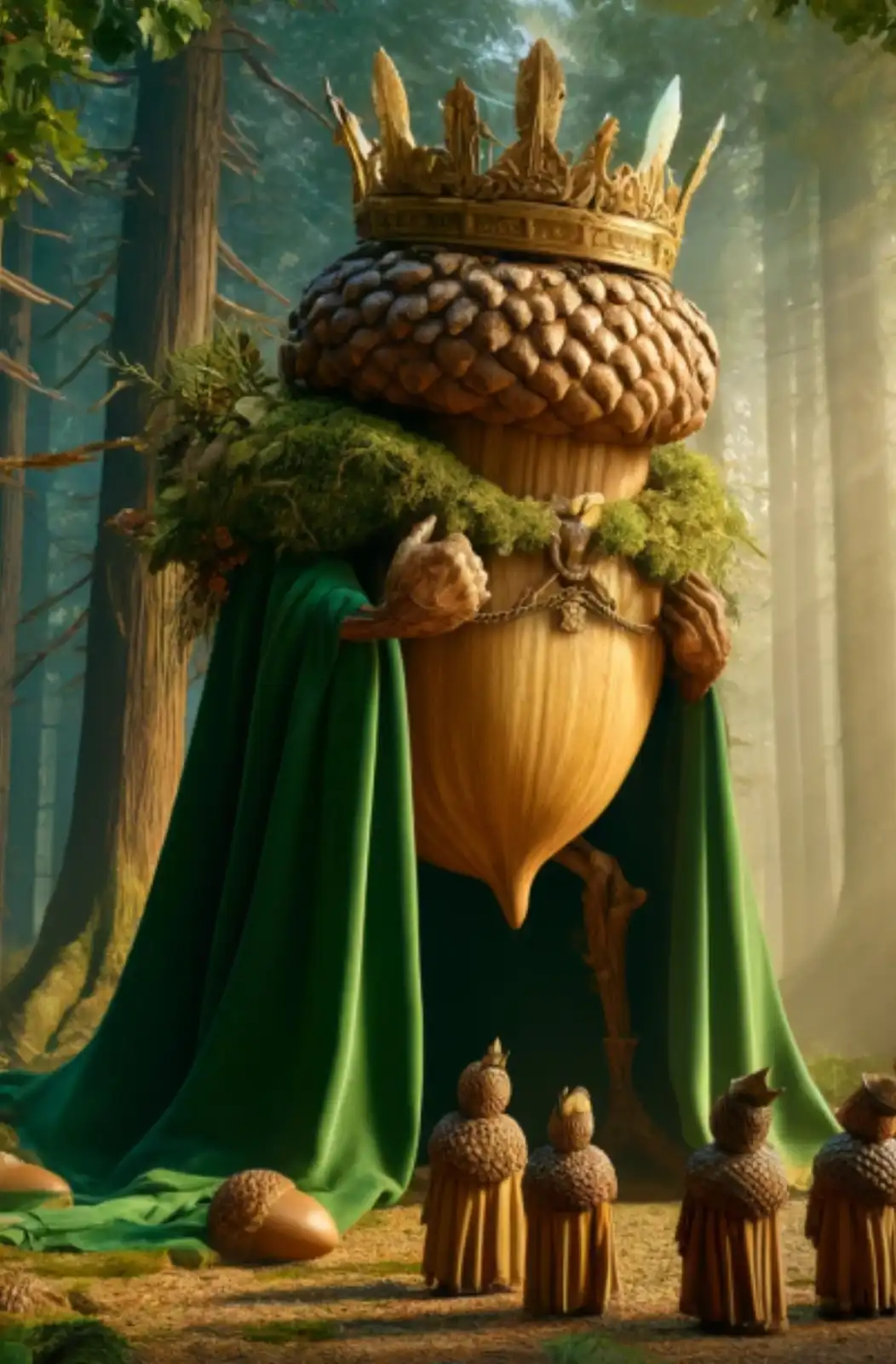 A giant acorn wearing a golden crown and draped in a green velvet cloak stands regally in a forest, while four smaller acorn…