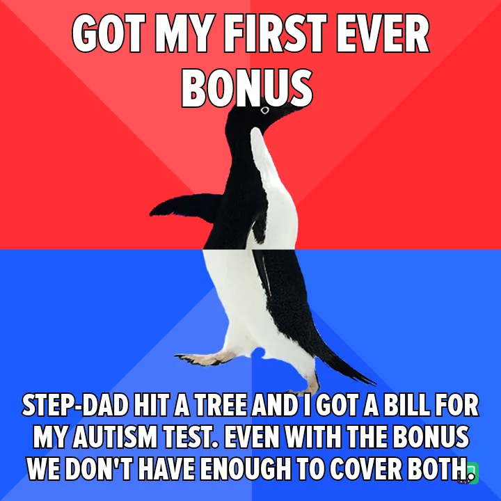 A penguin stands in a split red and blue background, with bold white text at the top reading 'GOT MY FIRST EVER BONUS' and…